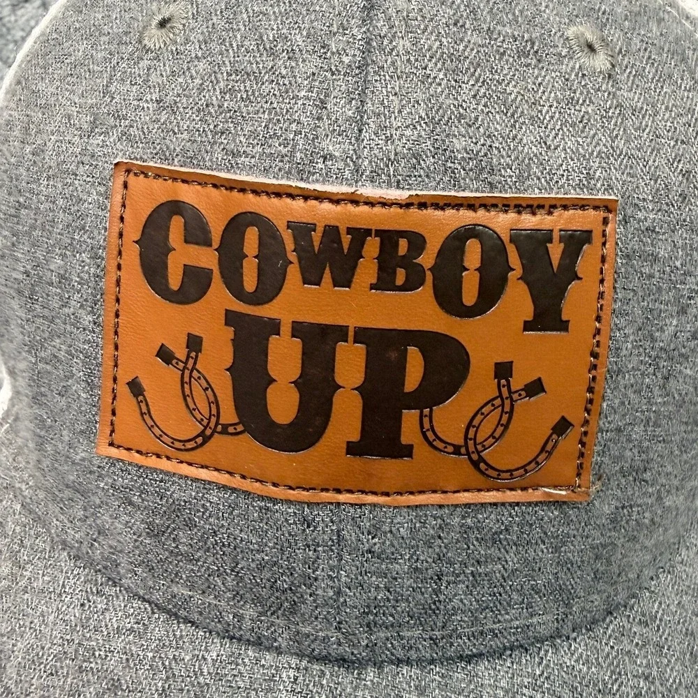 Cowboy Up Gray White Mesh Snapback Trucker Hat Western Faux Leather Patch